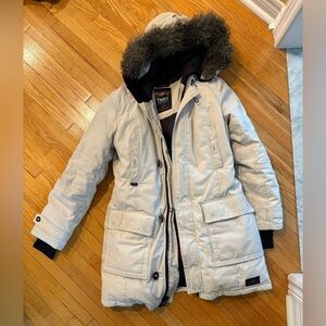TNA Light Gray Parka Coat with Faux Fur Trim
